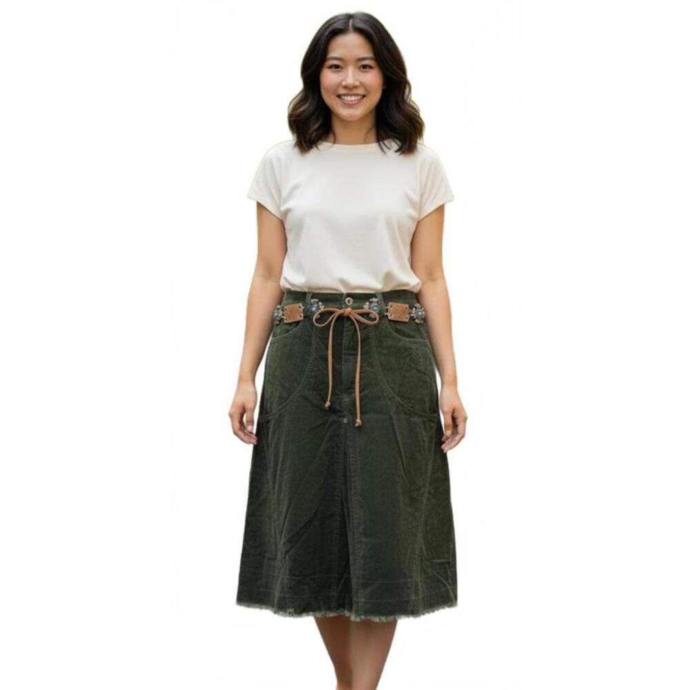 GLORIA VANDERBILT Vintage green corduroy skirt w/boho belt NWT $36 Mult sizes